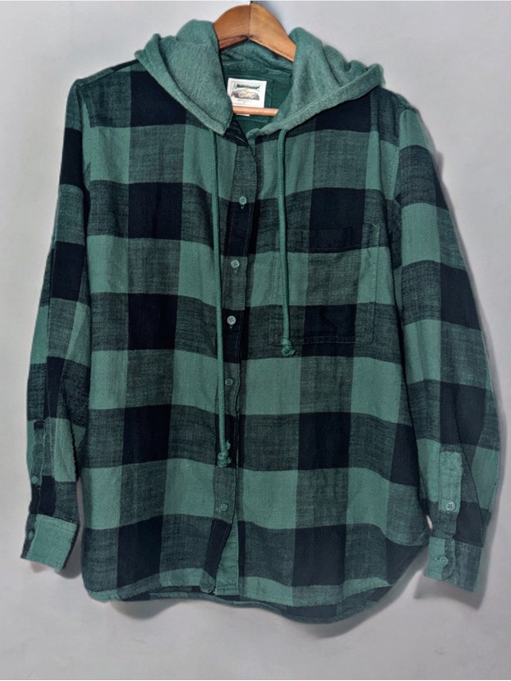 American Eagle Green Black Buffalo Plaid Hooded Flannel Shirt Women’s M